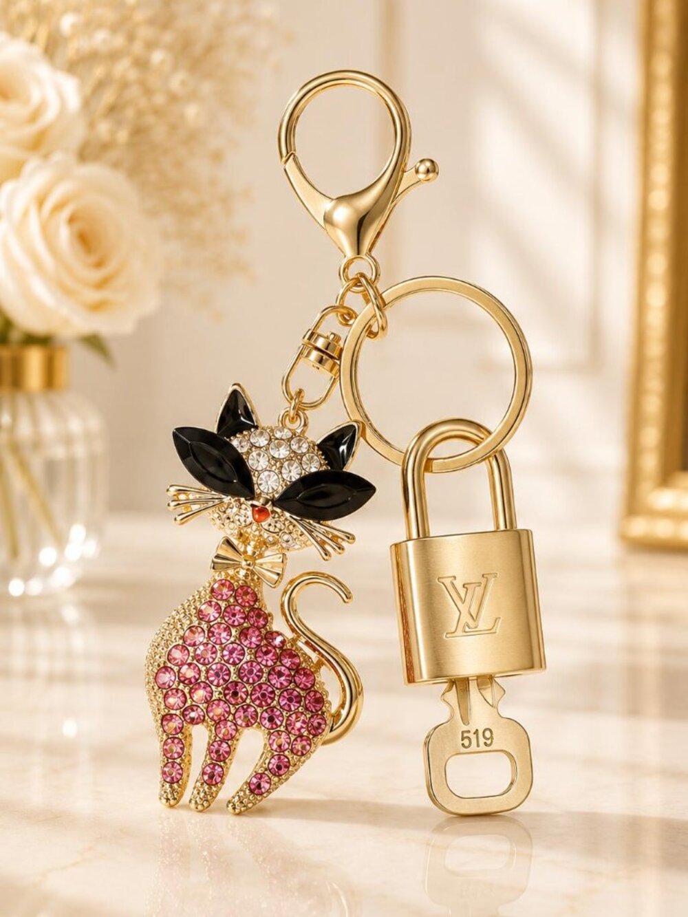 LV Authentic Gold Lock & Key 🔑 Luxury Bag Charm w/ Unbranded Keychain